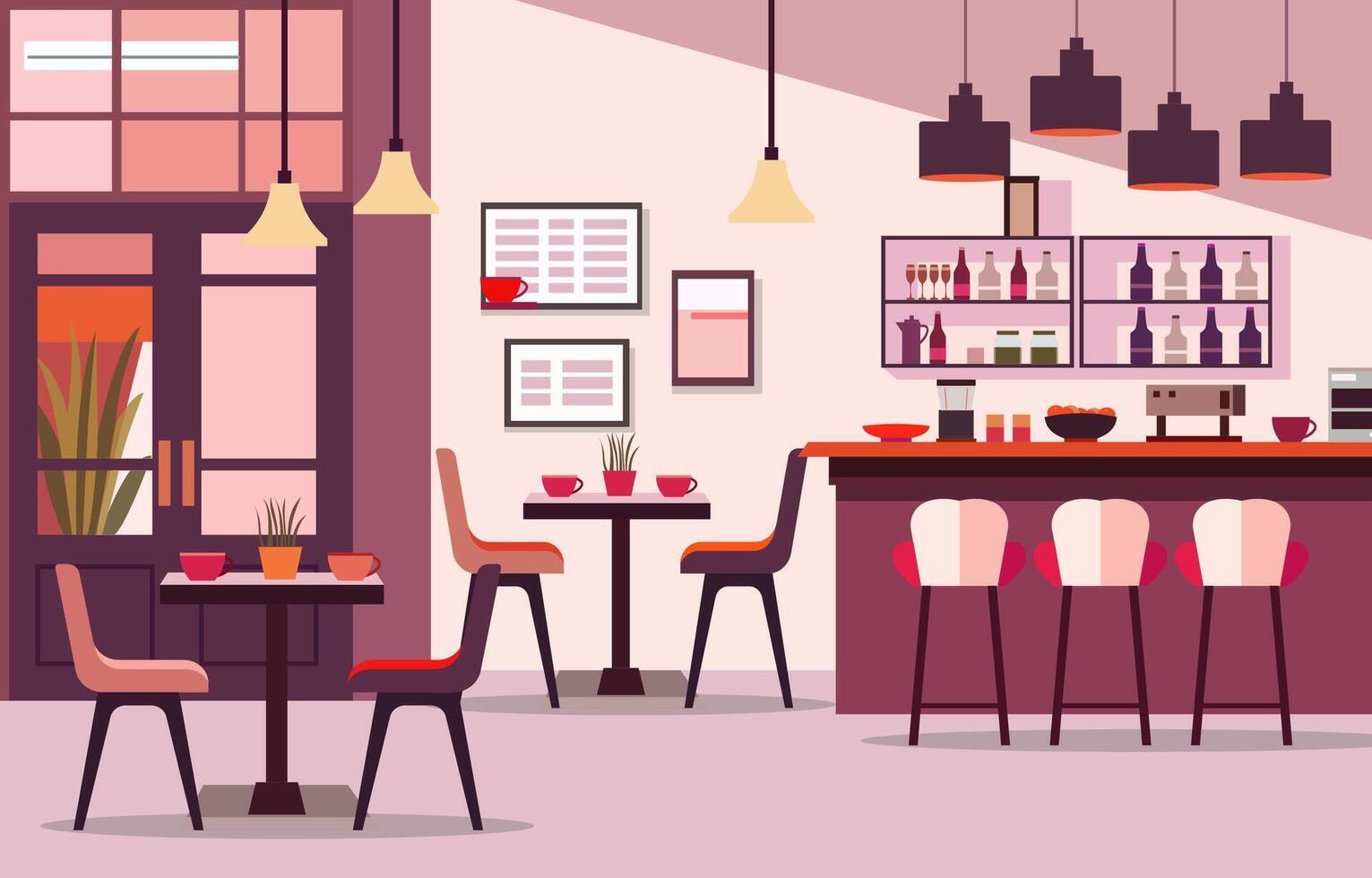 Indoor Interior Landscape in Cafe Restaurant with Bar and Chair Table for Customer vector