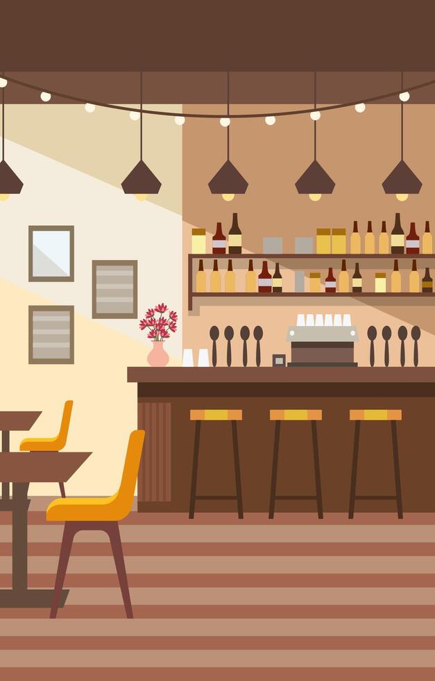 Indoor Interior Landscape in Cafe Restaurant with Bar and Chair Table for Customer vector