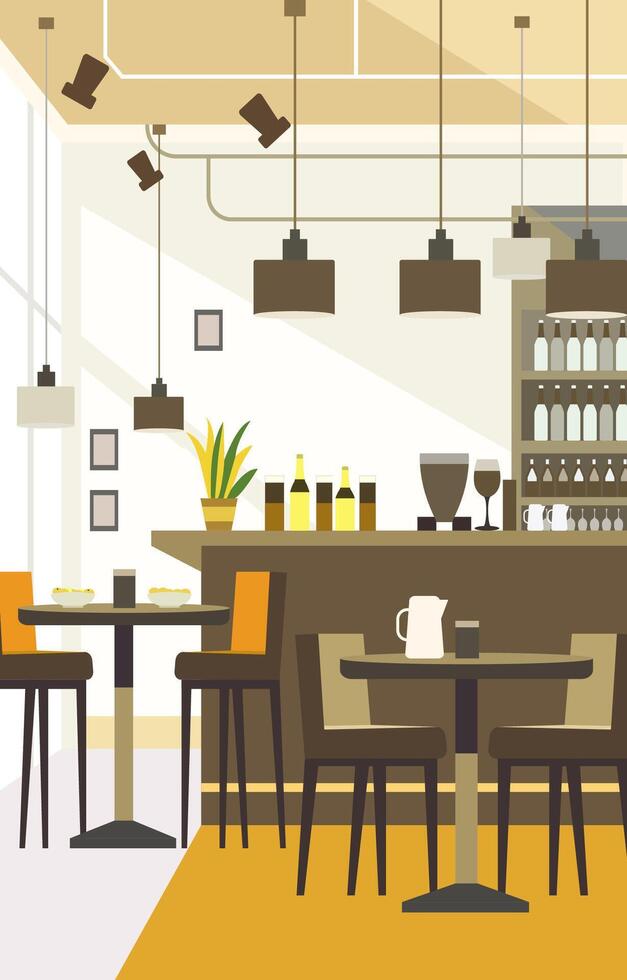 Indoor Interior Landscape in Cafe Restaurant with Bar and Chair Table for Customer vector
