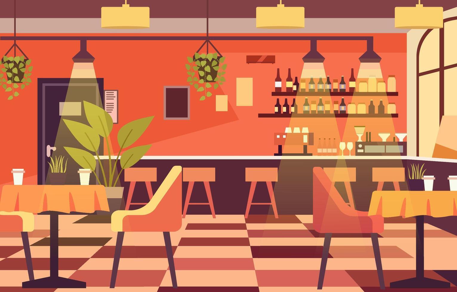 Illustration of Modern Interior Landscape in Cafe Restaurant with Dining Table for Customer vector