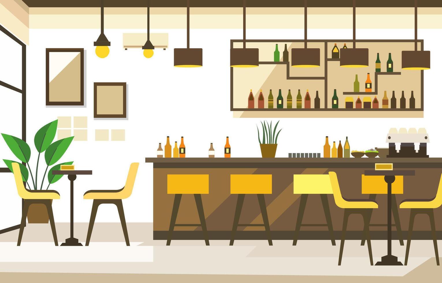 Indoor Interior Landscape in Cafe Restaurant with Bar and Chair Table for Customer vector