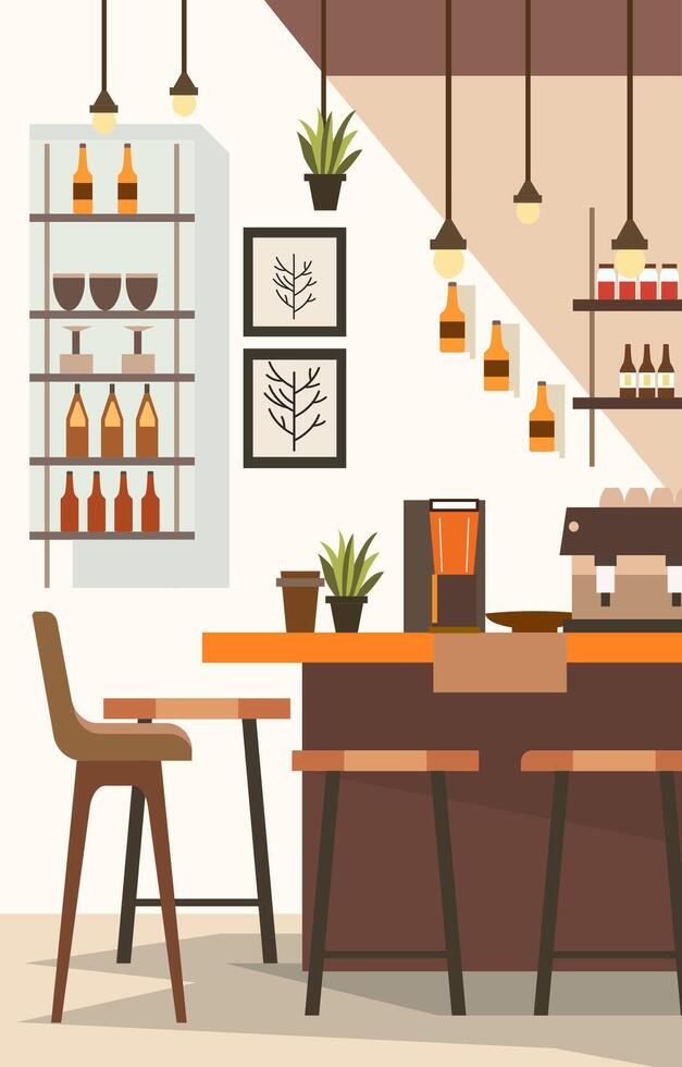 Indoor Interior Landscape in Cafe Restaurant with Bar and Chair Table for Customer vector