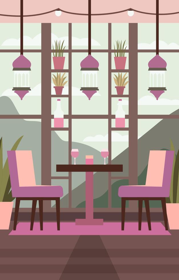Dining Table for Romantic Customer Dinner Date in Cafe Restaurant with Window Background vector
