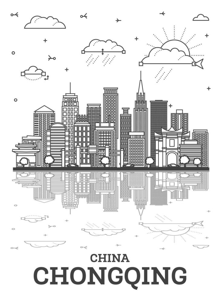Outline Chongqing China City Skyline with Modern Buildings and Reflections Isolated on White. Chongqing Cityscape with Landmarks. vector
