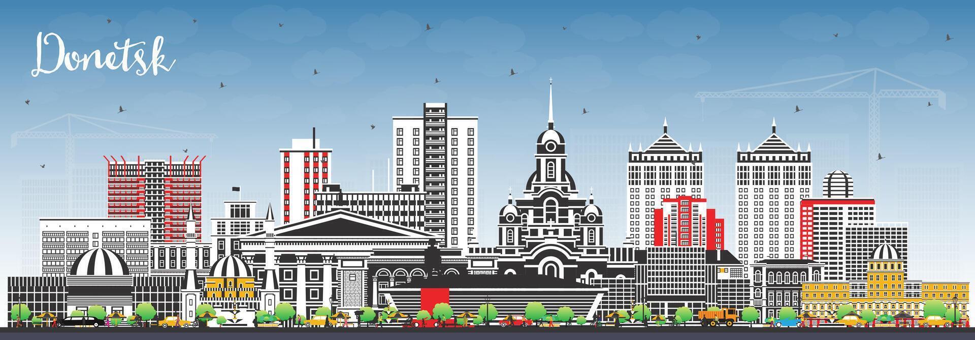 Donetsk city skyline with color buildings and blue sky. Donetsk cityscape with landmarks. Business travel and tourism concept with modern and historic architecture. vector
