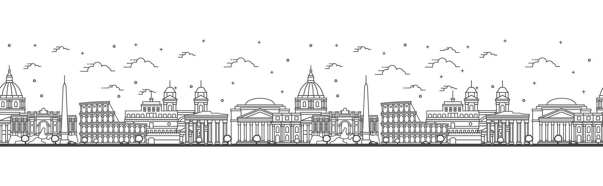 Seamless pattern with outline Rome Italy City Skyline. Historic Buildings Isolated on White. Rome Cityscape with Landmarks. vector