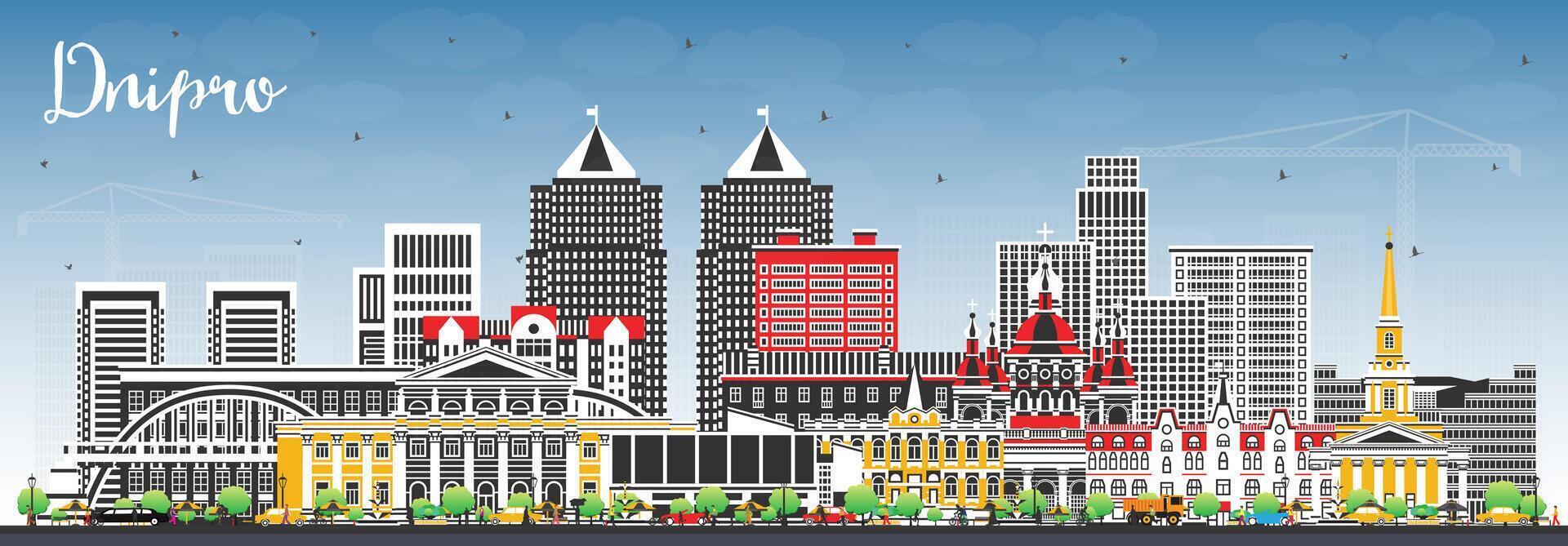 Dnipro city skyline with color buildings and blue sky. Dnepropetrovsk cityscape with landmarks. Business travel and tourism concept with modern and historic architecture. vector