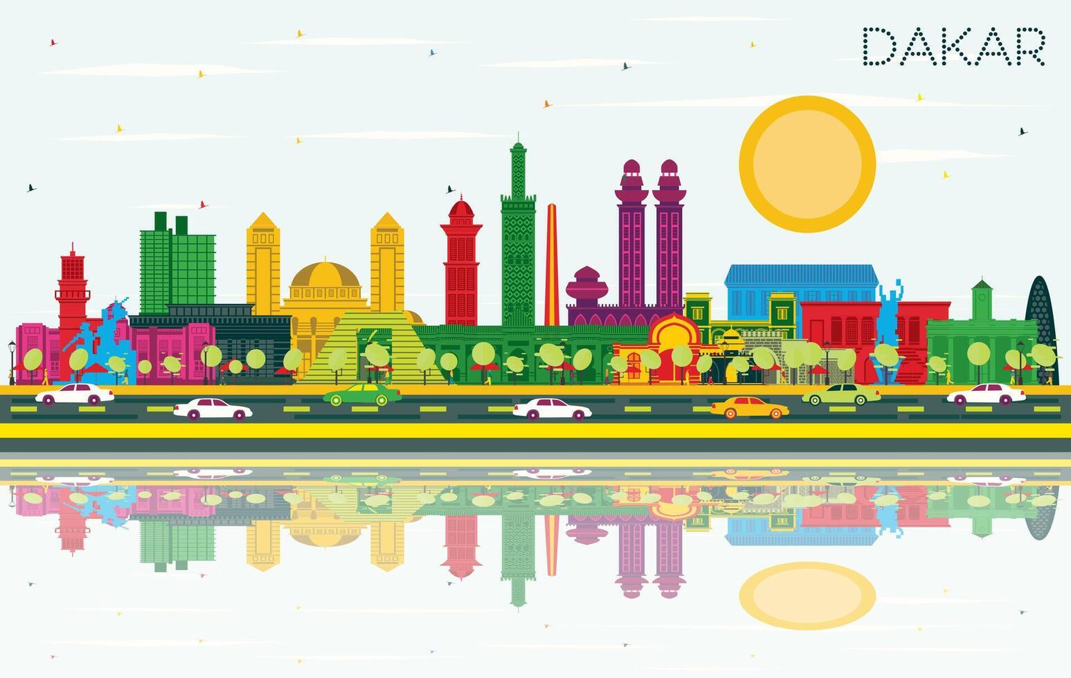 Dakar Senegal City Skyline with Color Buildings, Blue Sky and Reflections. Business Travel and Concept with Historic Architecture. Dakar Cityscape with Landmarks. vector
