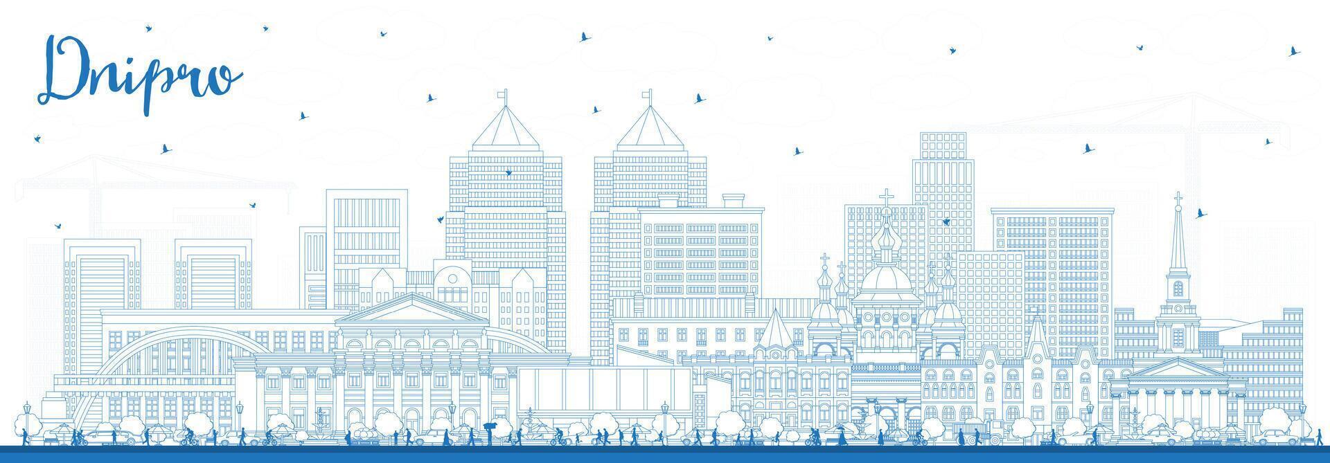 Outline Dnipro city skyline with blue buildings. Dnepropetrovsk cityscape with landmarks. Business travel and tourism concept with modern and historic architecture. vector