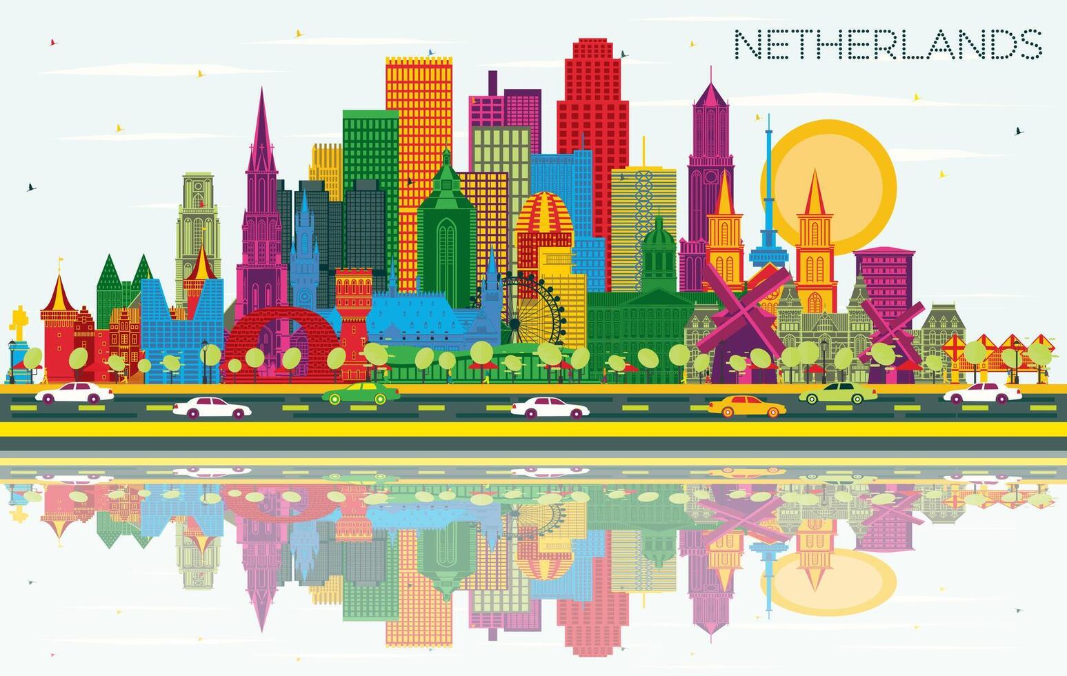 Netherlands Skyline with color Buildings, Blue Sky and Reflections. Tourism Concept with Historic Architecture. Cityscape with Landmarks. Amsterdam. Rotterdam. The Hague. Utrecht. vector