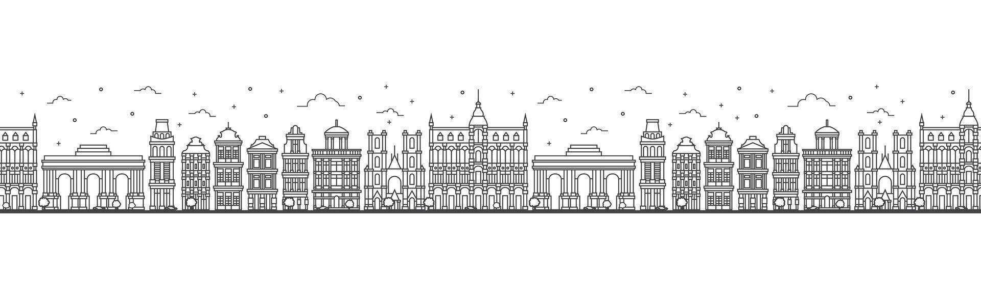 Seamless pattern with outline Brussels Belgium City Skyline. Historic Buildings Isolated on White. Brussels Cityscape with Landmarks. vector
