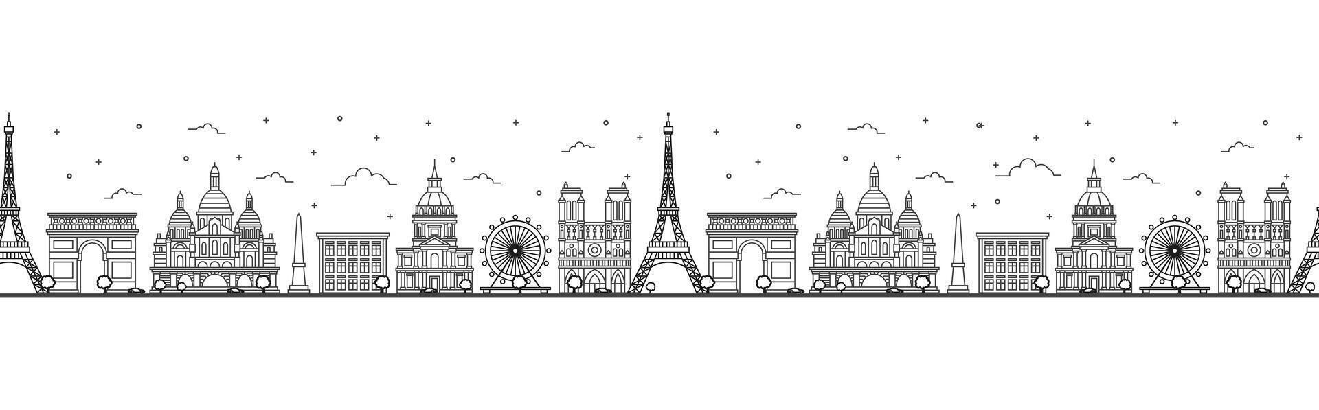 Seamless pattern with outline Paris France City Skyline. Historic Buildings Isolated on White. Paris Cityscape with Landmarks. vector