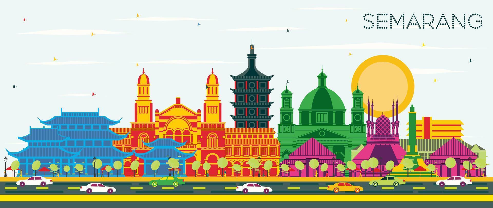 Semarang Indonesia City Skyline with Color Buildings and Blue Sky. Business Travel and Concept with Modern Architecture. Semarang Cityscape with Landmarks. vector
