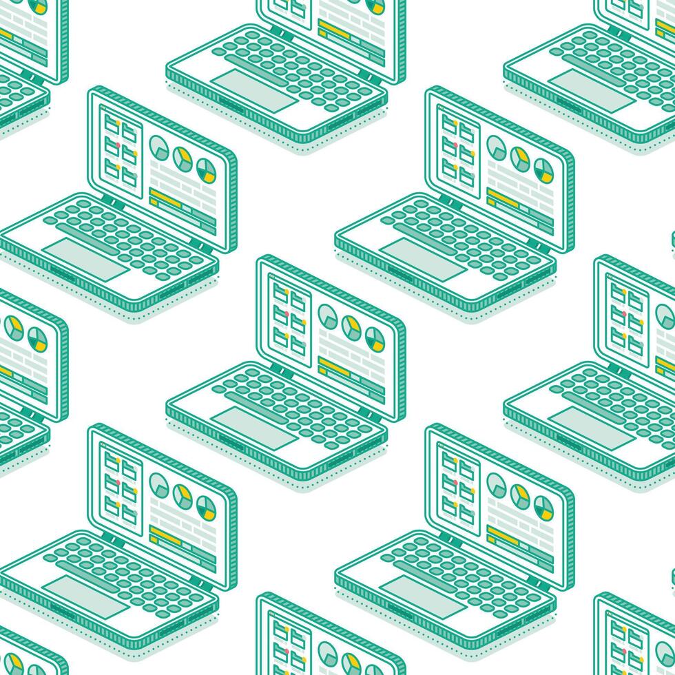 isométrica sin costura modelo con fila de computadoras portátiles objetos aislado en blanco antecedentes. vector