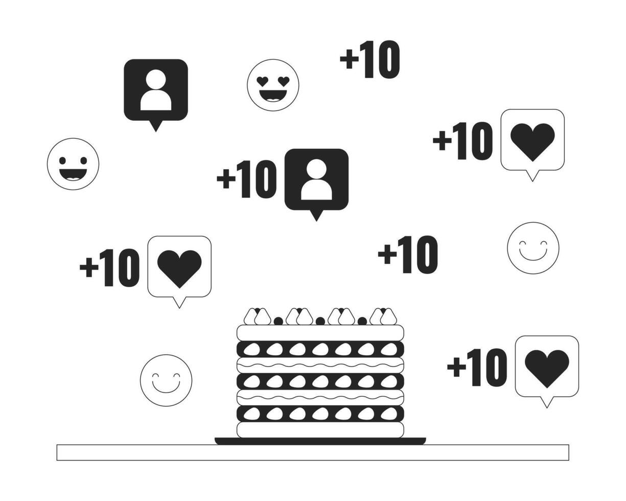 Dessert baking blog going viral black and white 2D illustration concept. Creamy strawberries cake cartoon outline object isolated on white. Social media popularity metaphor monochrome art vector