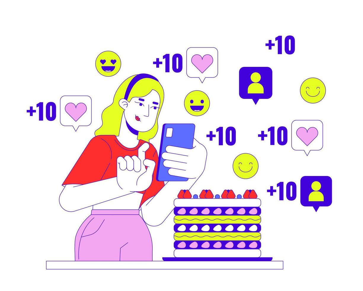 Dessert influencer woman 2D linear illustration concept. Blonde female taking of cake cartoon character isolated on white. Social media popularity metaphor abstract flat outline graphic vector