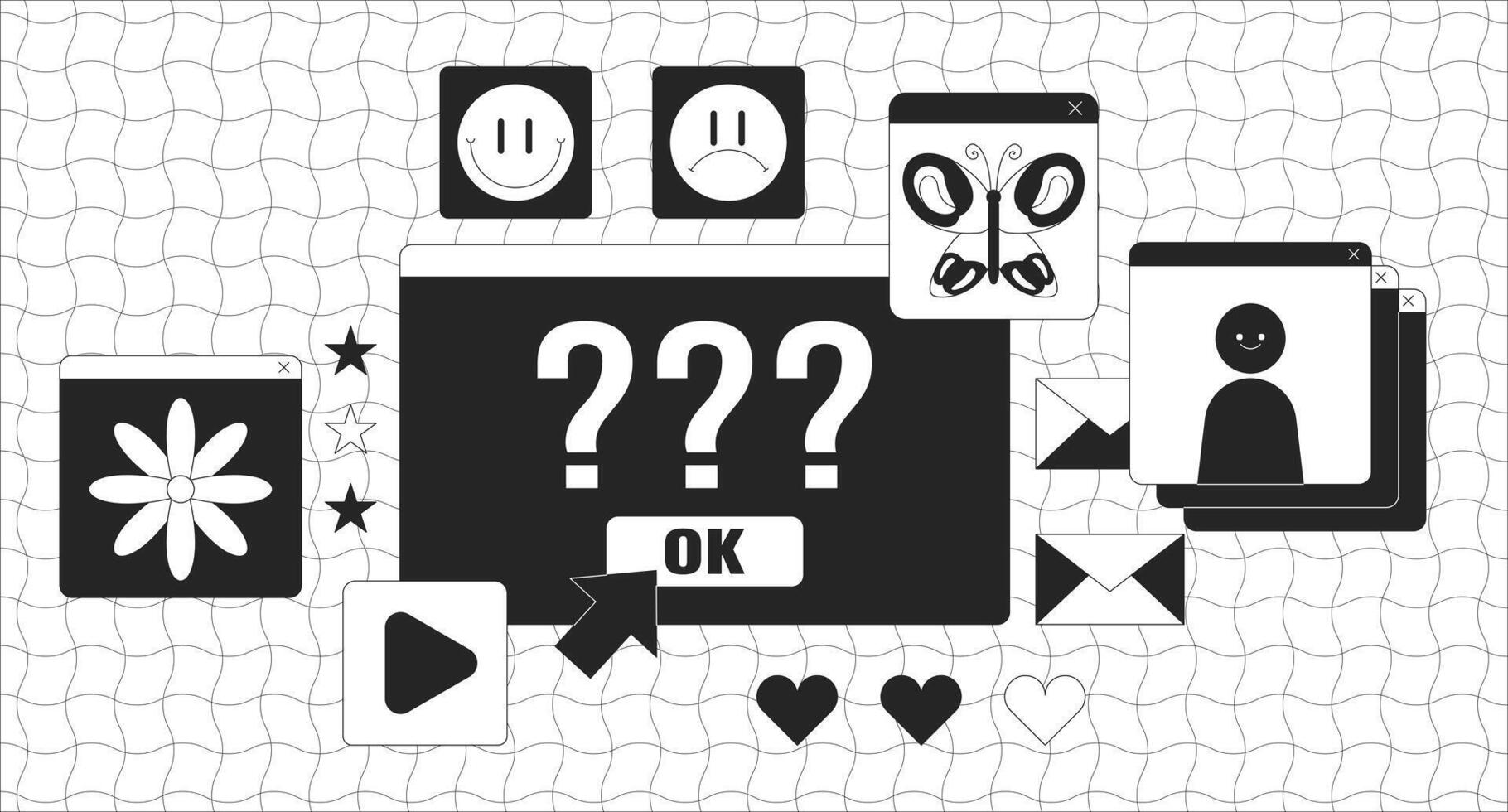 Computer error screen black and white lofi wallpaper. Problems with access on internet source 2D outline cartoon flat illustration. Technical issues with website line lo fi aesthetic background vector