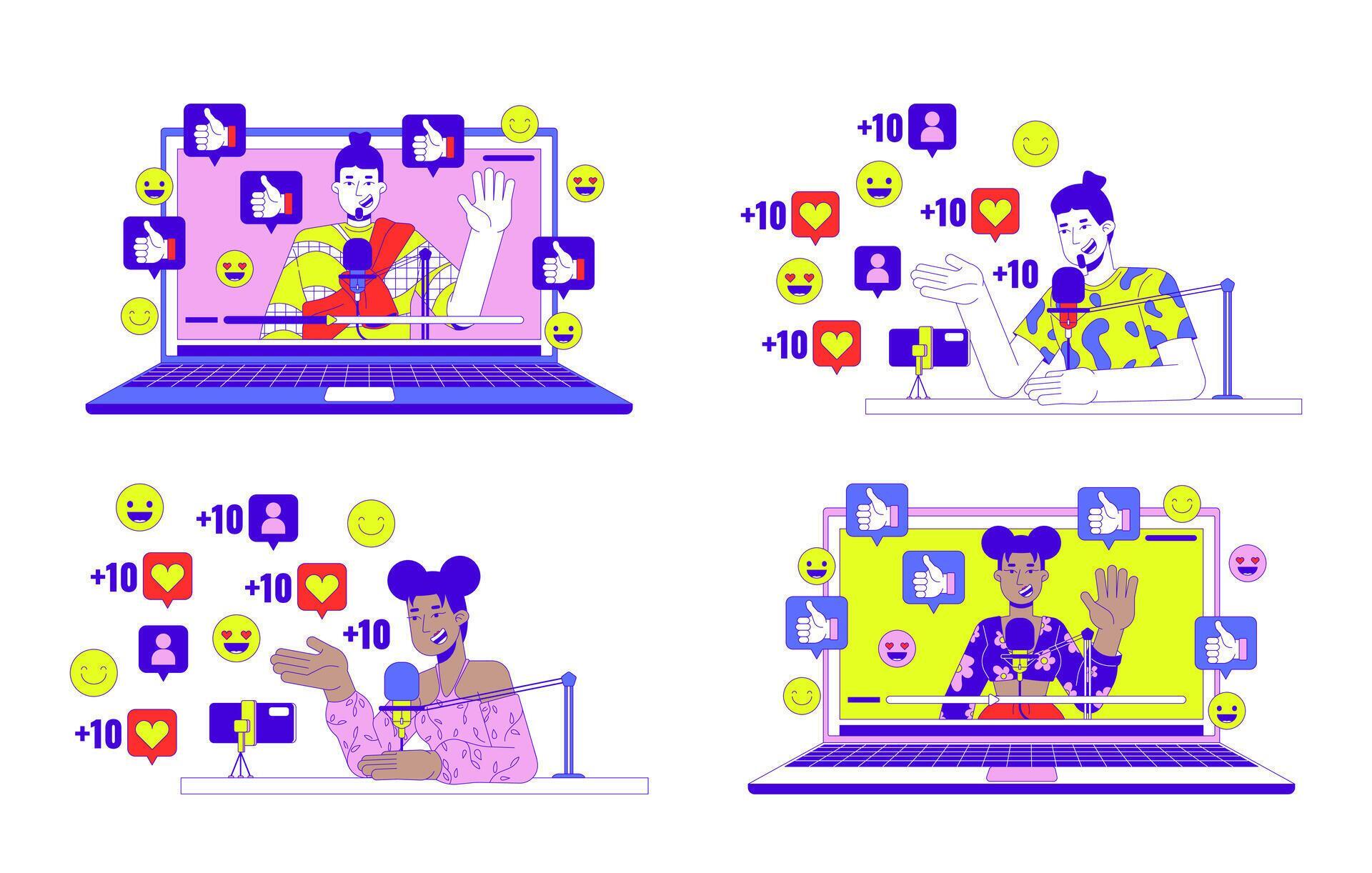 Influencer content creator 2D linear illustration concept set. Diverse 