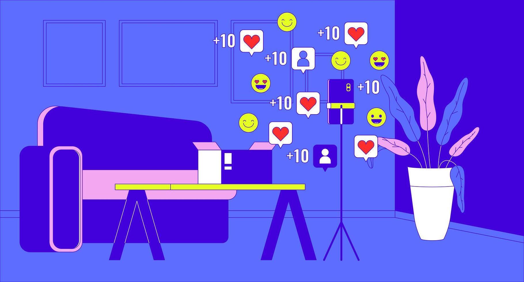 Popularity unboxing on social media cartoon flat illustration. Stylish living room with phone tripod 2D line interior colorful background. Parcel opened reactions scene storytelling image vector