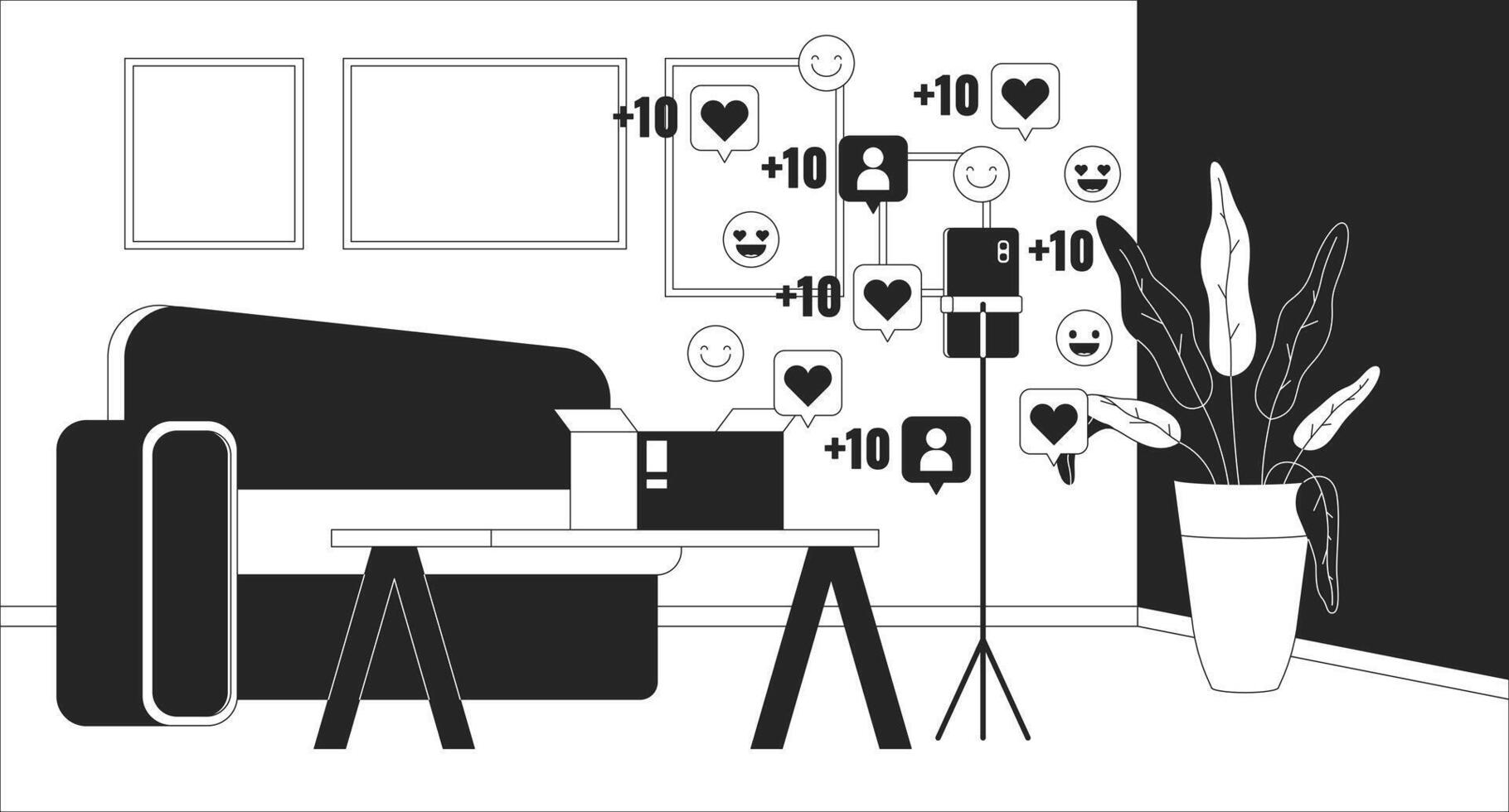 Popularity unboxing on social media black and white line illustration. Stylish living room with phone tripod 2D interior monochrome background. Parcel opened reactions outline scene image vector