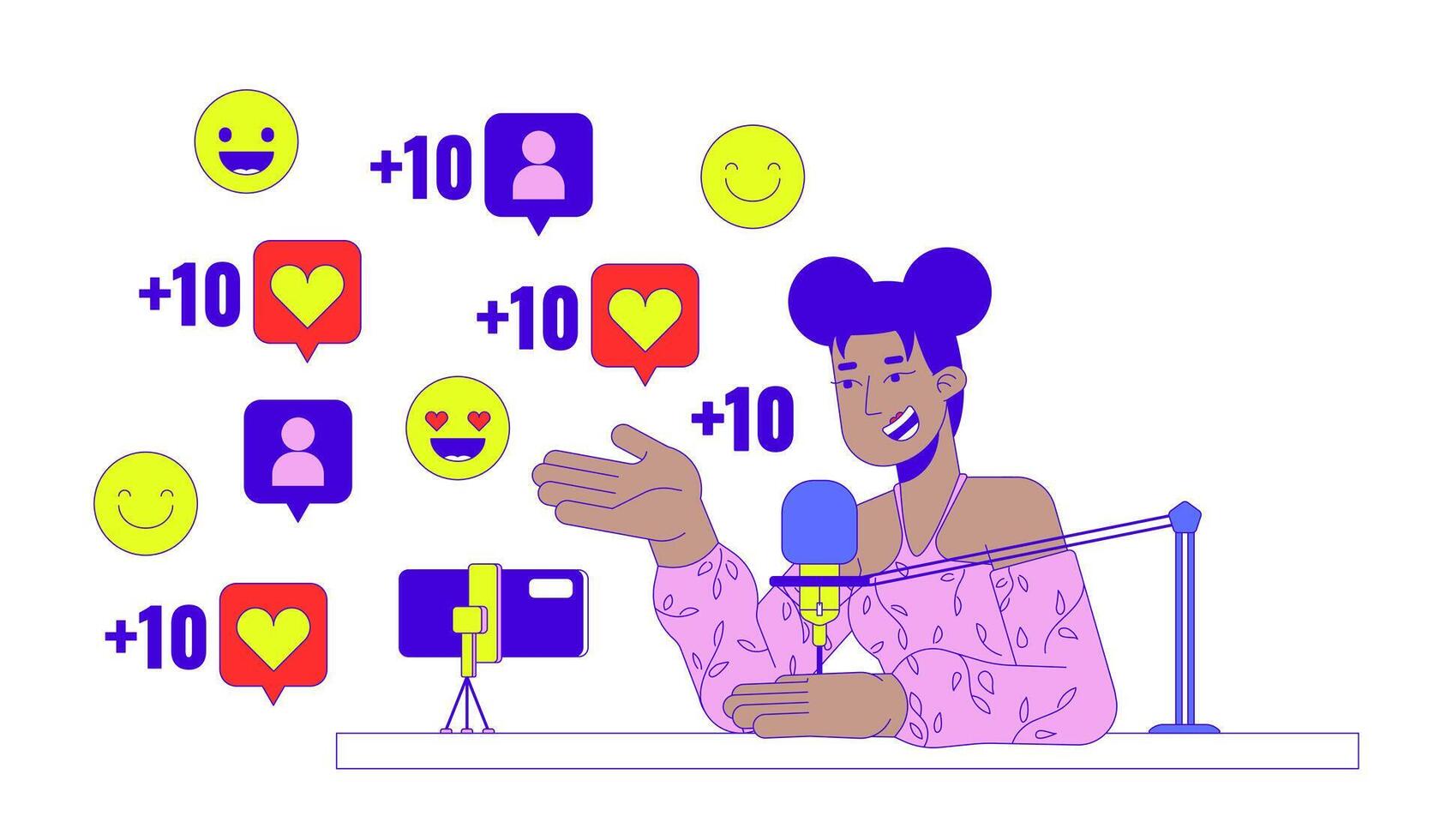 Popular podcaster talking into mic 2D linear illustration concept. Black female content creator cartoon character isolated on white. Social media metaphor abstract flat outline graphic vector