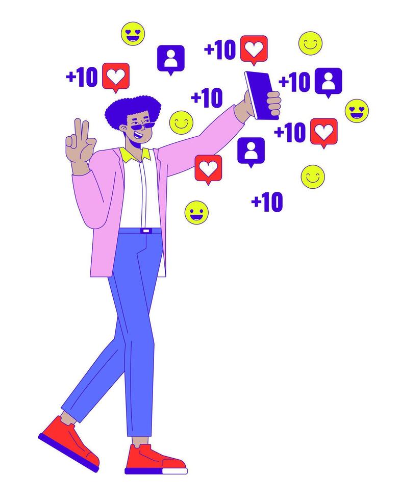 Influencer man with phone followers likes 2D linear illustration concept. Hispanic male internet celebrity cartoon character isolated on white. Social media popularity metaphor abstract flat vector