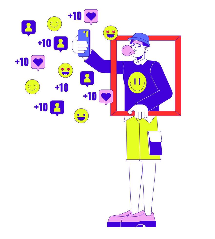 Male influencer selfie posting on social media 2D linear illustration concept. Korean stylish man with cellphone cartoon character isolated on white. Internet personality metaphor abstract flat vector
