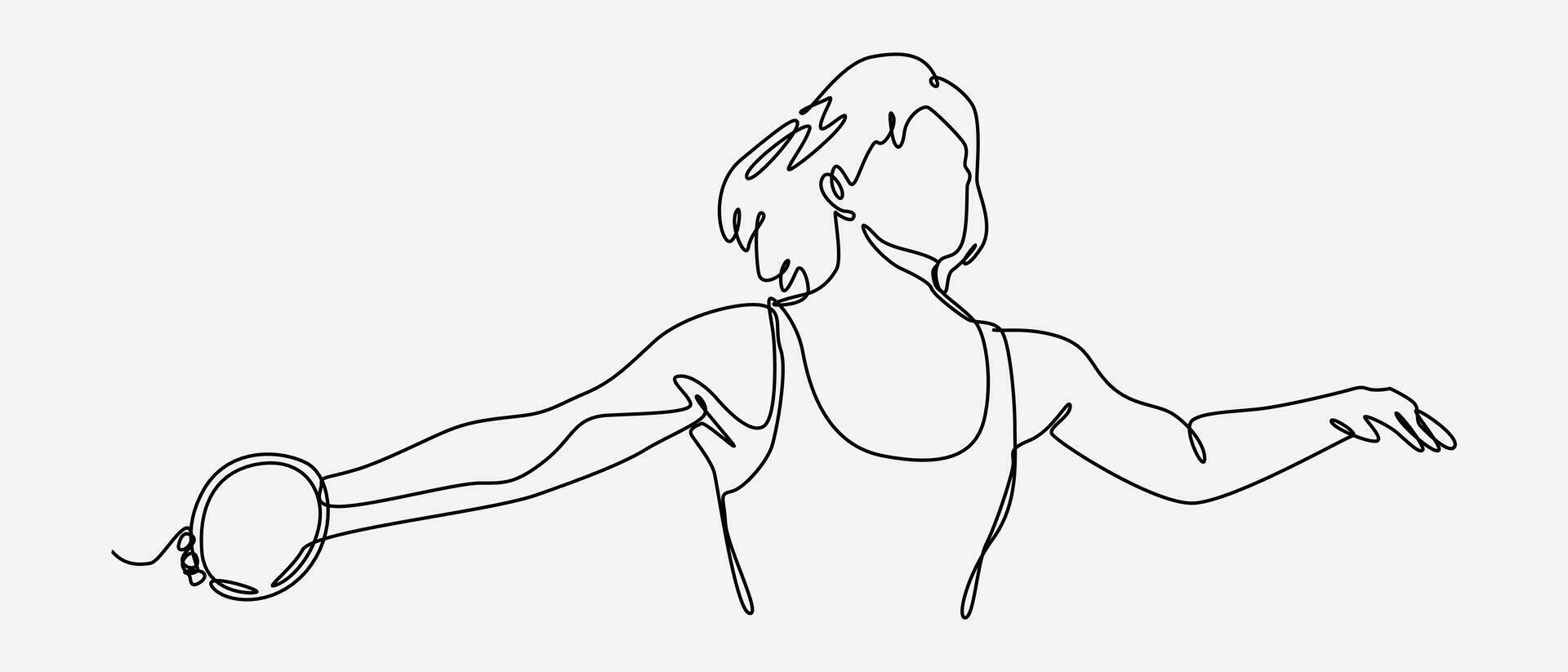 Continuous one line drawing of discus throwing athlete. sport, athletics. Editable stroke. Isolated on white background. Graphic illustration. vector