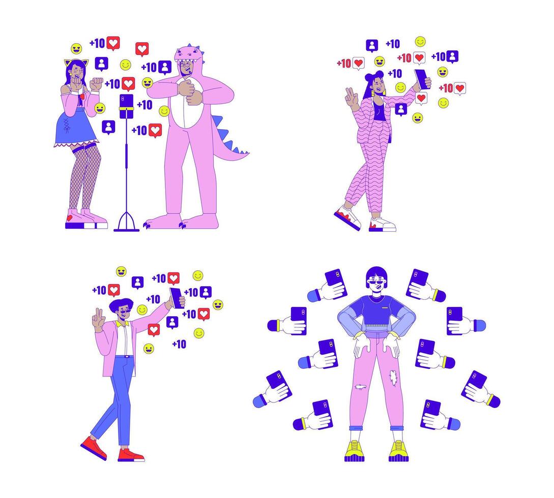 Viral influencers on social media 2D linear illustration concept set. Multicultural vloggers cartoon characters isolated on white. Popularity metaphors abstract flat outline graphic collection vector