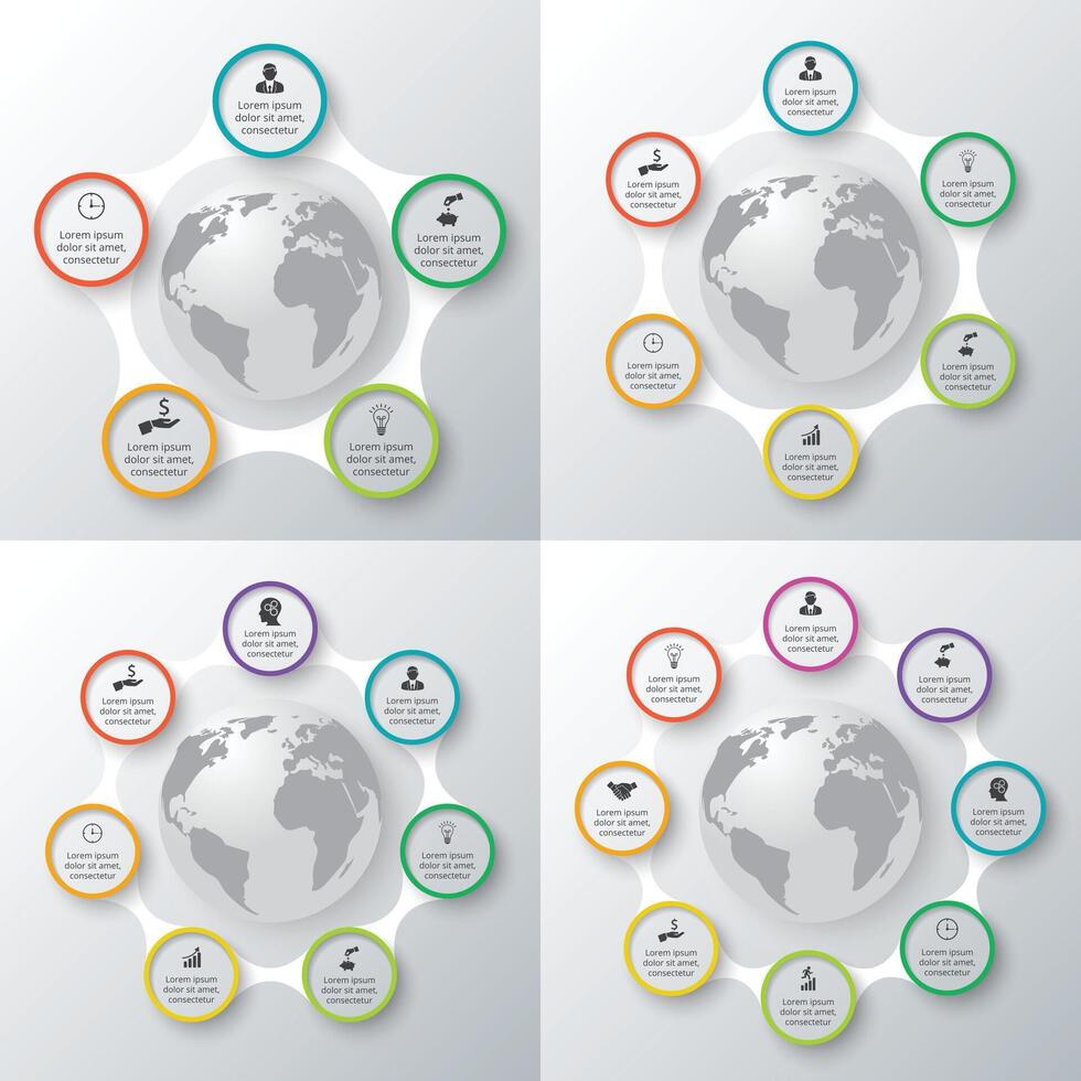Earth set for infographic. Template for cycle diagram, graph, presentation. Business concept with 5, 6, 7, 8 options, parts, steps or processes. vector