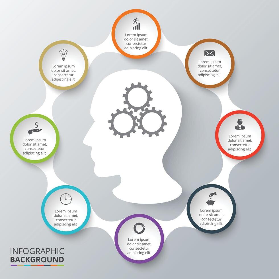 Human head infographic. Template for cycle diagram, graph, presentation. Business concept with 8 options, parts, steps or processes. vector