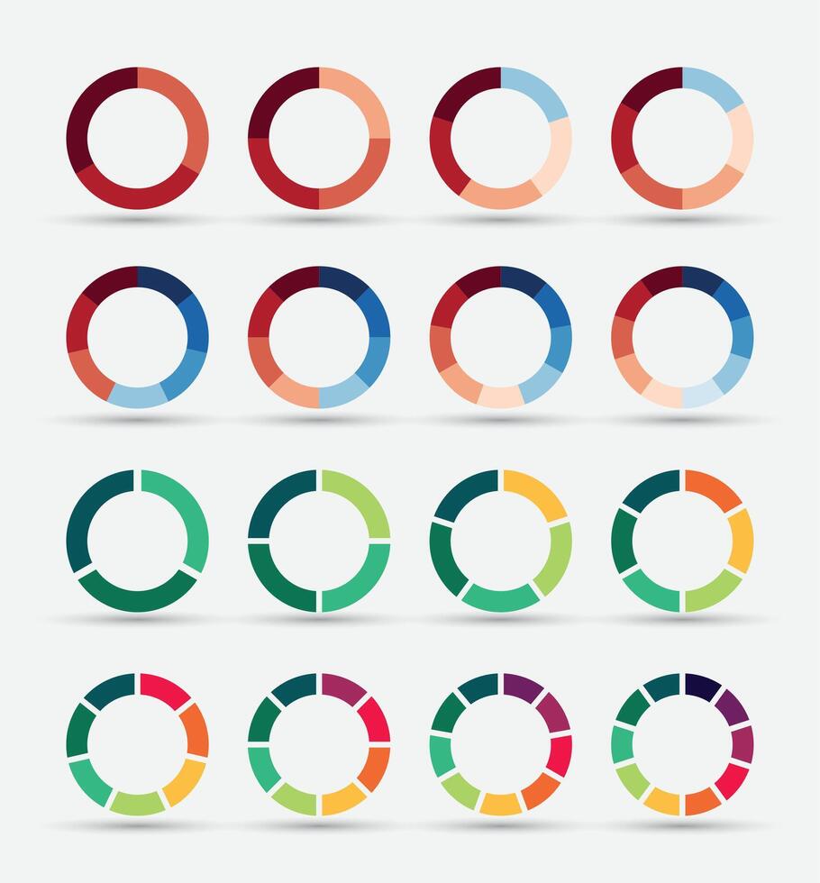 Segmented and multicolored pie charts set with 3, 4, 5, 6, 7 and 8 divisions. Template for diagram, graph, presentation and chart. vector