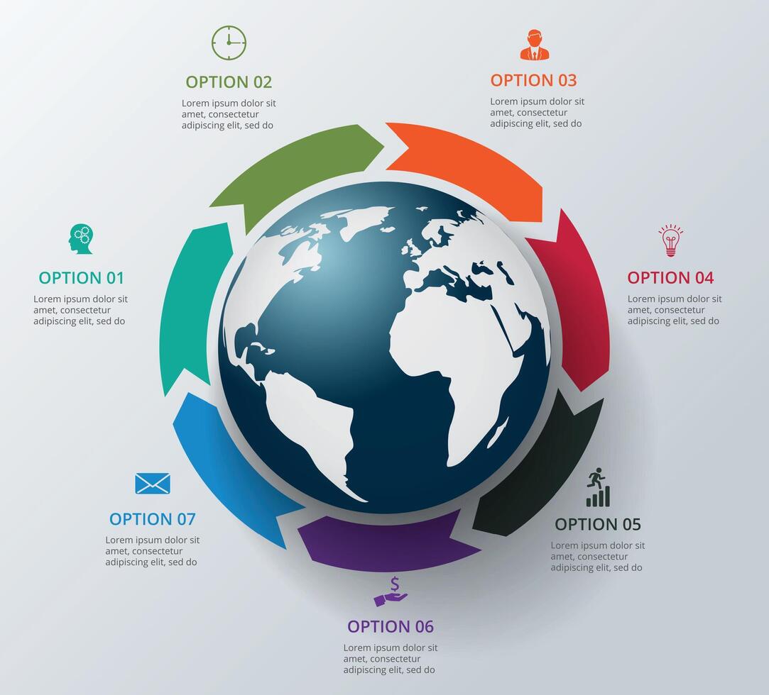 Earth infographic. Template for cycle diagram, graph, presentation. Business concept with 7 options, parts, steps or processes. vector