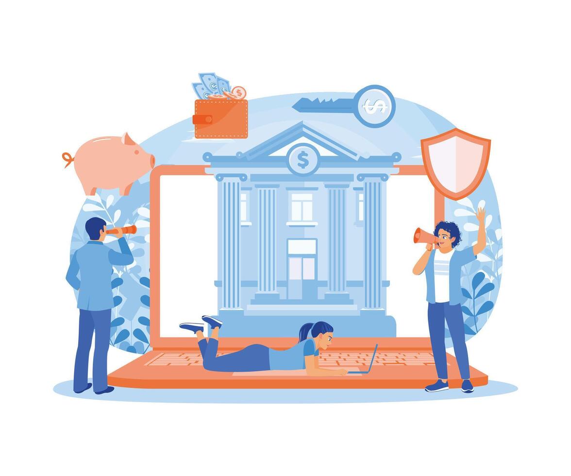 People keep money in banks safely. Carrying out online transactions using electronic devices. Internet Banking concept. Flat illustration. vector