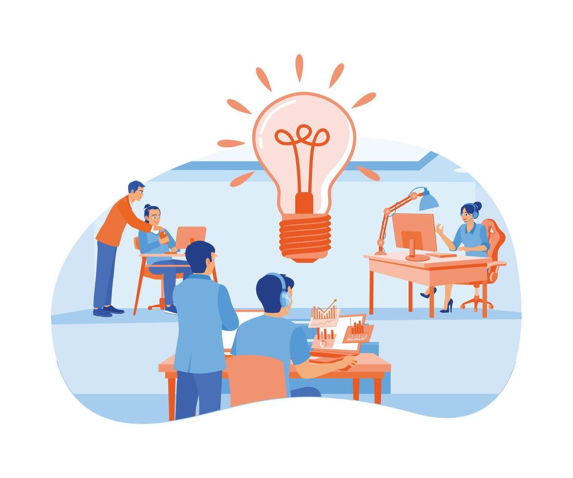 Business team working in the company. Discuss to find new ideas and solutions. Brainstorming concepts. Flat illustration. vector