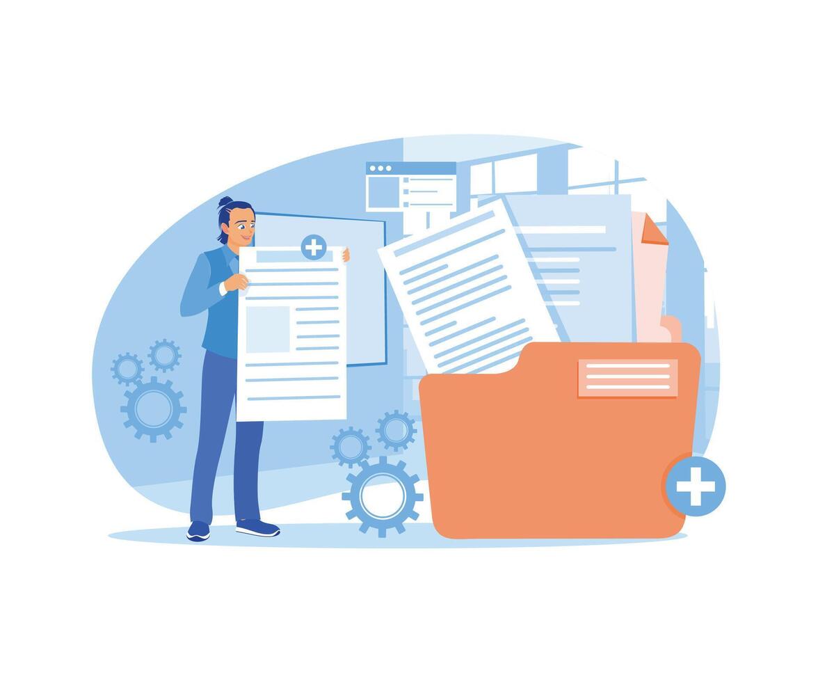 Man holding file. Save files in main folders. Storage concept. Flat illustration. vector