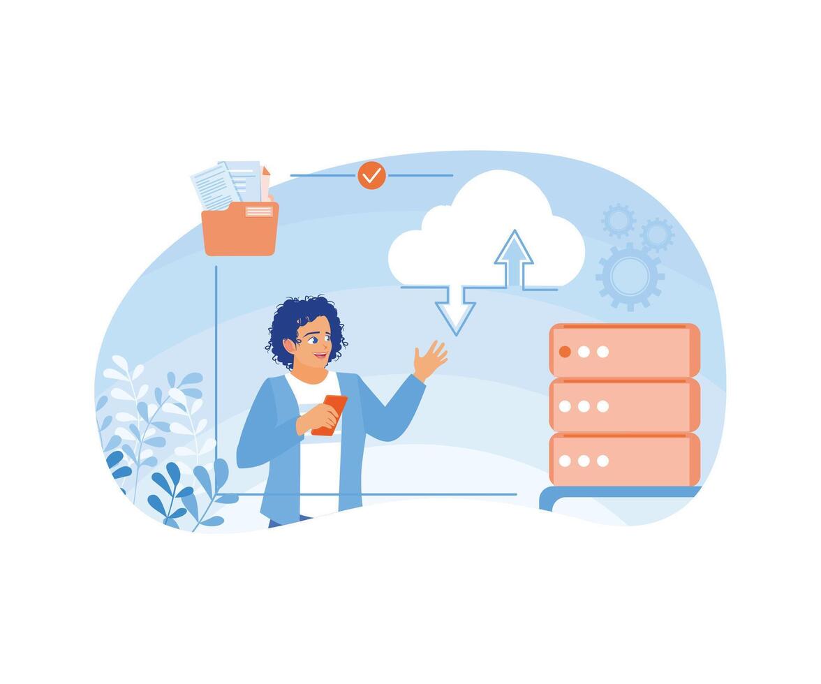 Man transfers data from cell phone to computer. Use software applications to store data. Could Computing concept. Flat illustration. vector