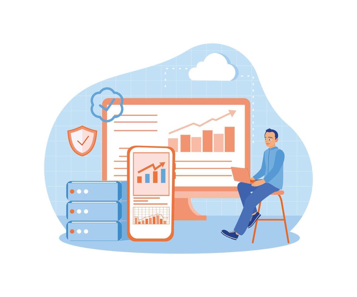 Businessman analyzes data using electronic devices. Add files to the data center. Could Computing concept. Flat illustration. vector