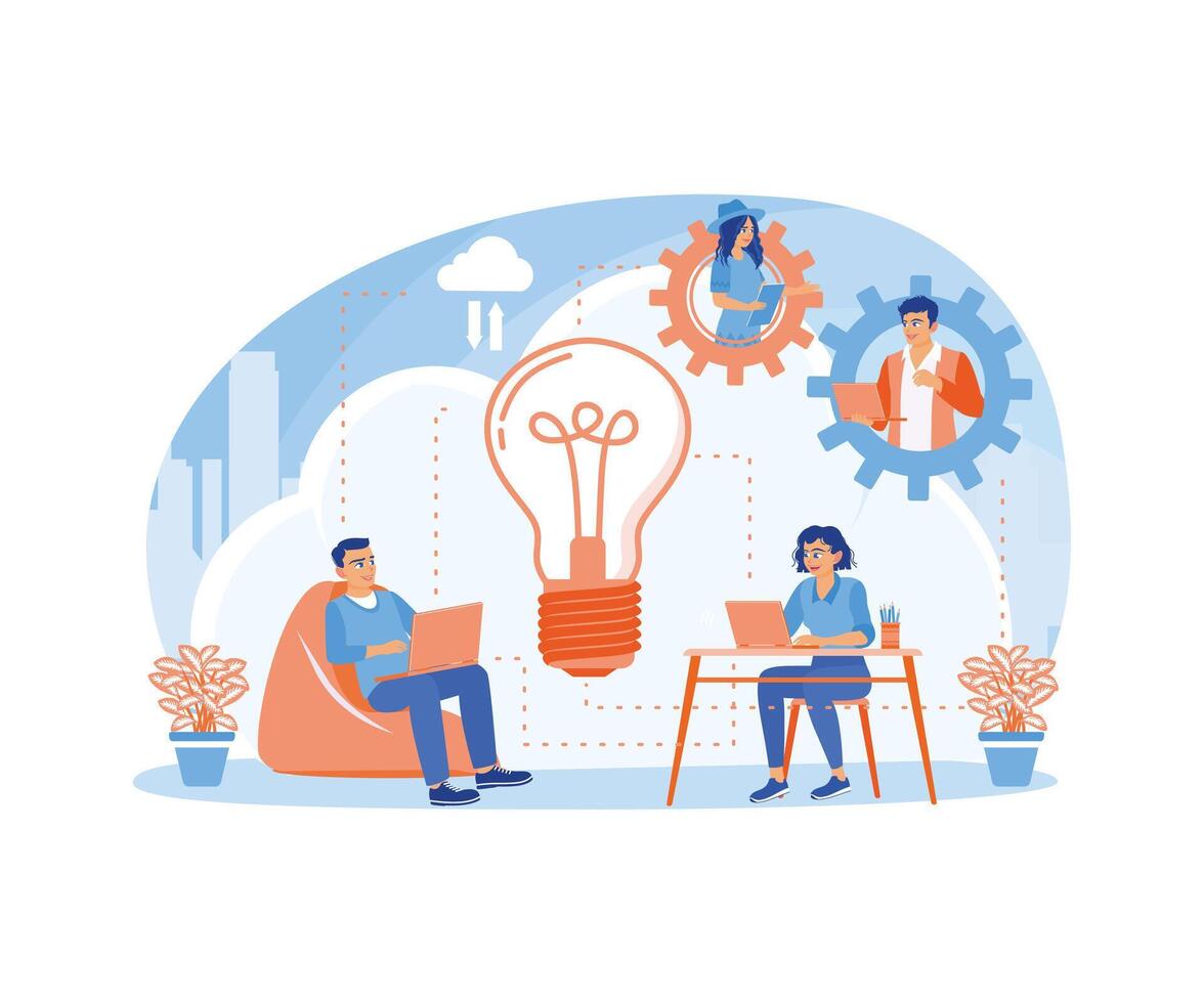 Employees work online. Using a laptop to store work data. Could Computing concept. Flat illustration. vector
