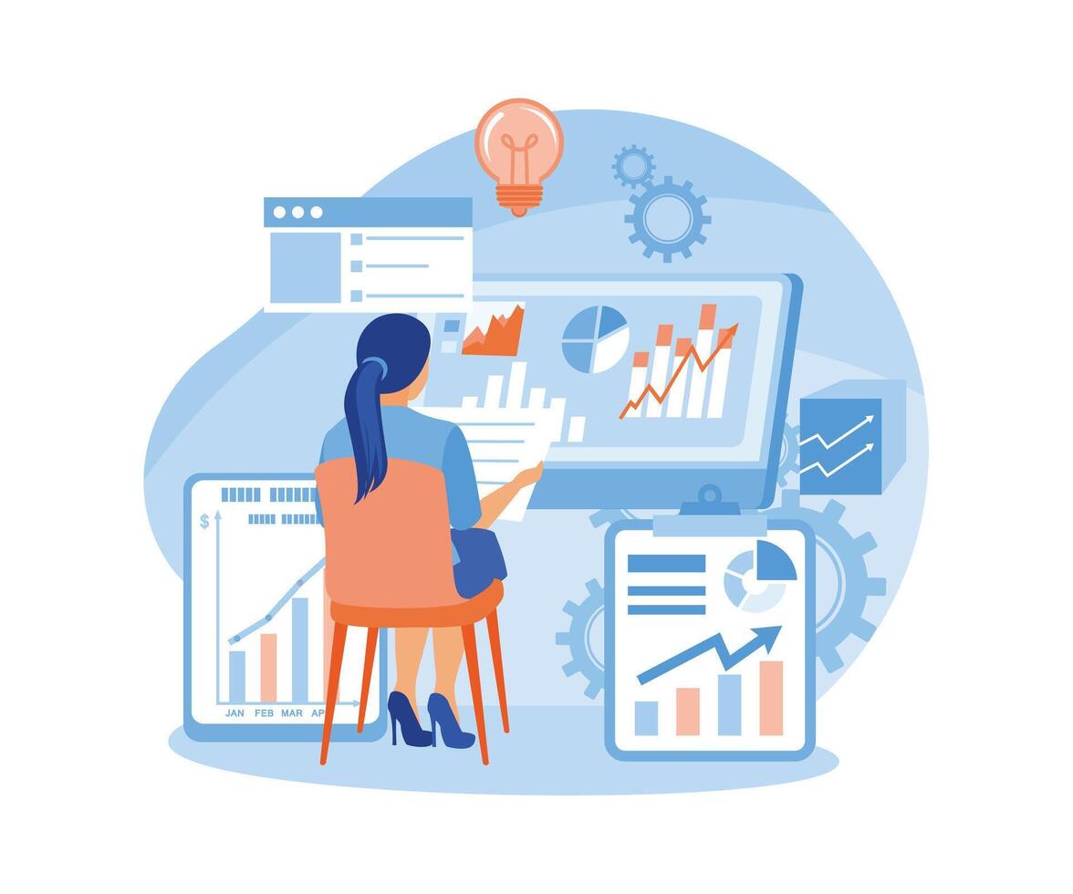 Women analyzing business data. Develop company strategies to increase revenue. Business Intelligence concept. Flat illustration. vector
