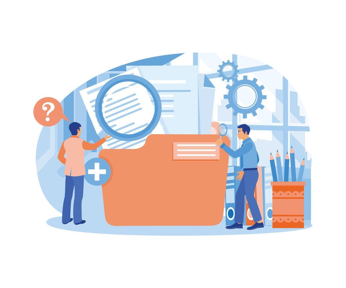 An office worker looks for files using a magnifying glass. File manager, data storage and indexing. Storage concept. Flat illustration. vector