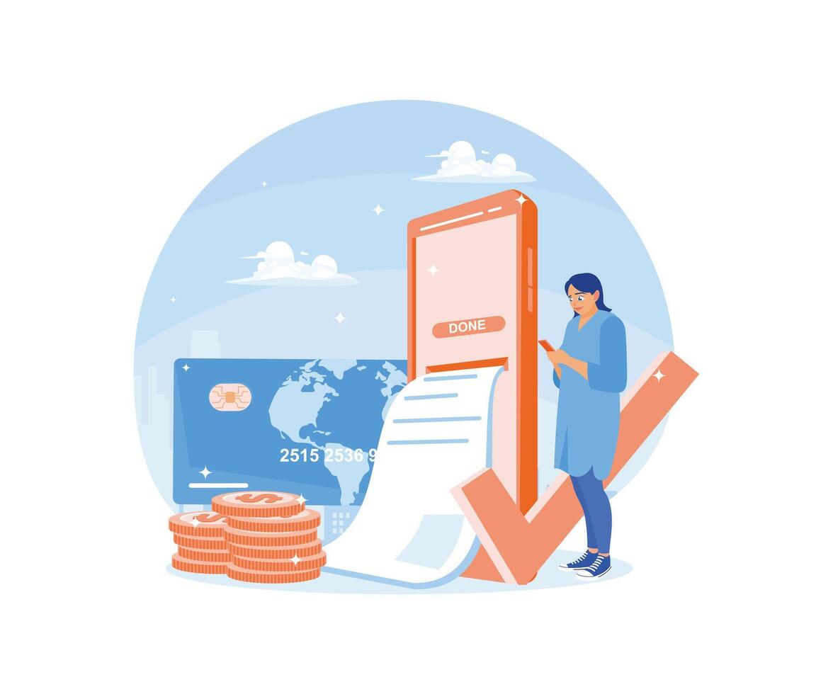 Online payment using a credit card. Woman transferring money using a mobile phone. Online Payment concept. Flat illustration. vector