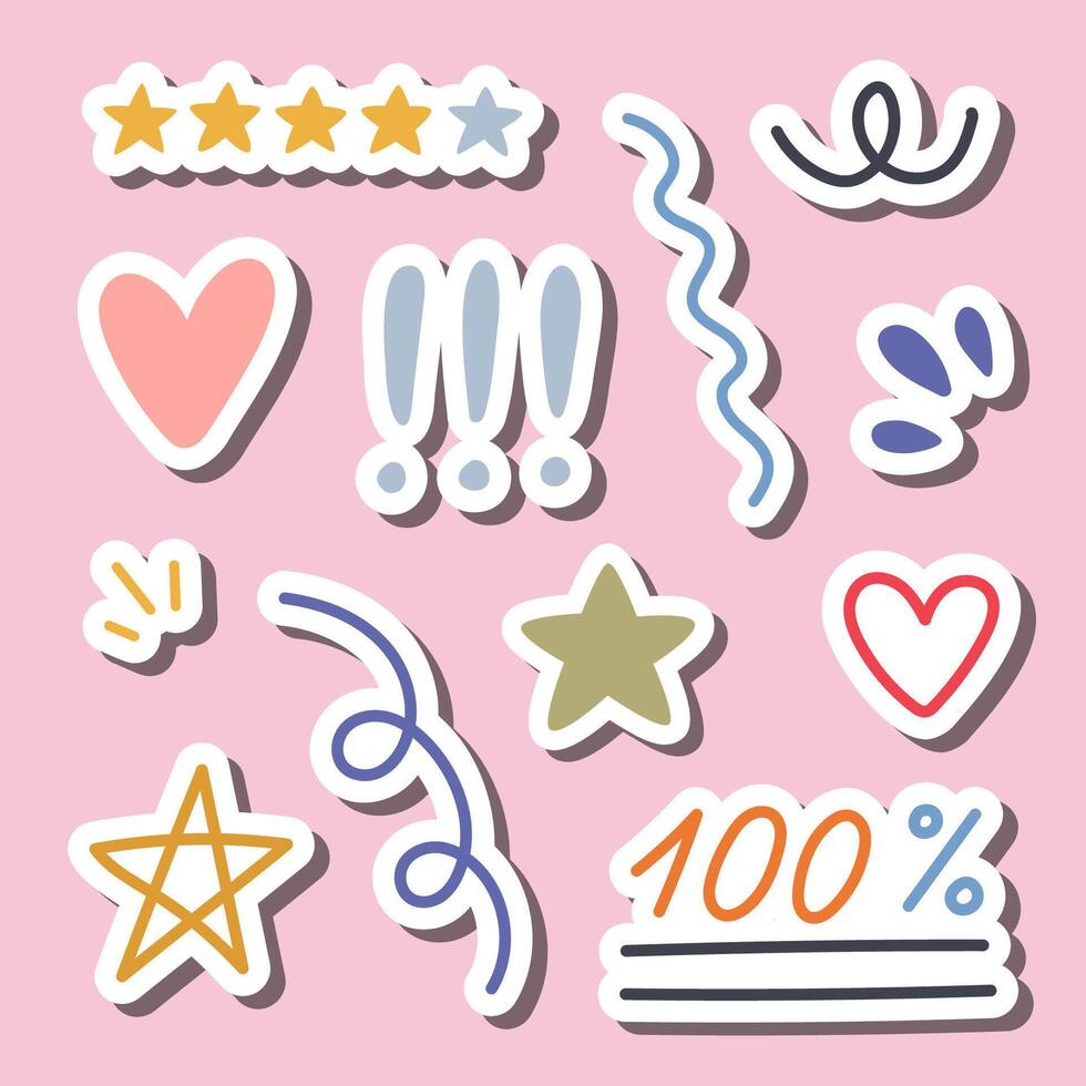 Set of stickers with squiggle, scribble, swooshes, important, heart, stars for planners, notebooks. Ready for print list of cute stickers. Minimalistic abstract swishes, swoops. Creative doodle vector