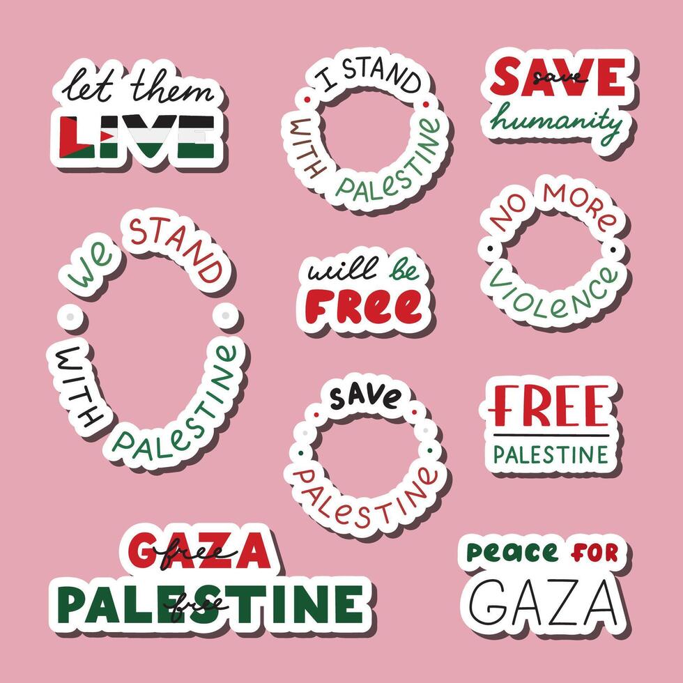 Lettering sticker set We Stand with Palestine. Ready for print list of cute stickers with handwritten phrases Let Them Live, Save Humanity, Free Gaza, Peace For Palestine, Will Be Free. vector