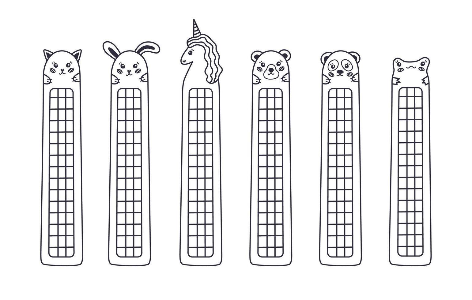 Cute doodle kawaii bookmarks with place for notes with animal faces of cat, rabbit, frog, unicorn, panda, bear for kids. Stationery for reading books. Back to school with hand drawn outline vector