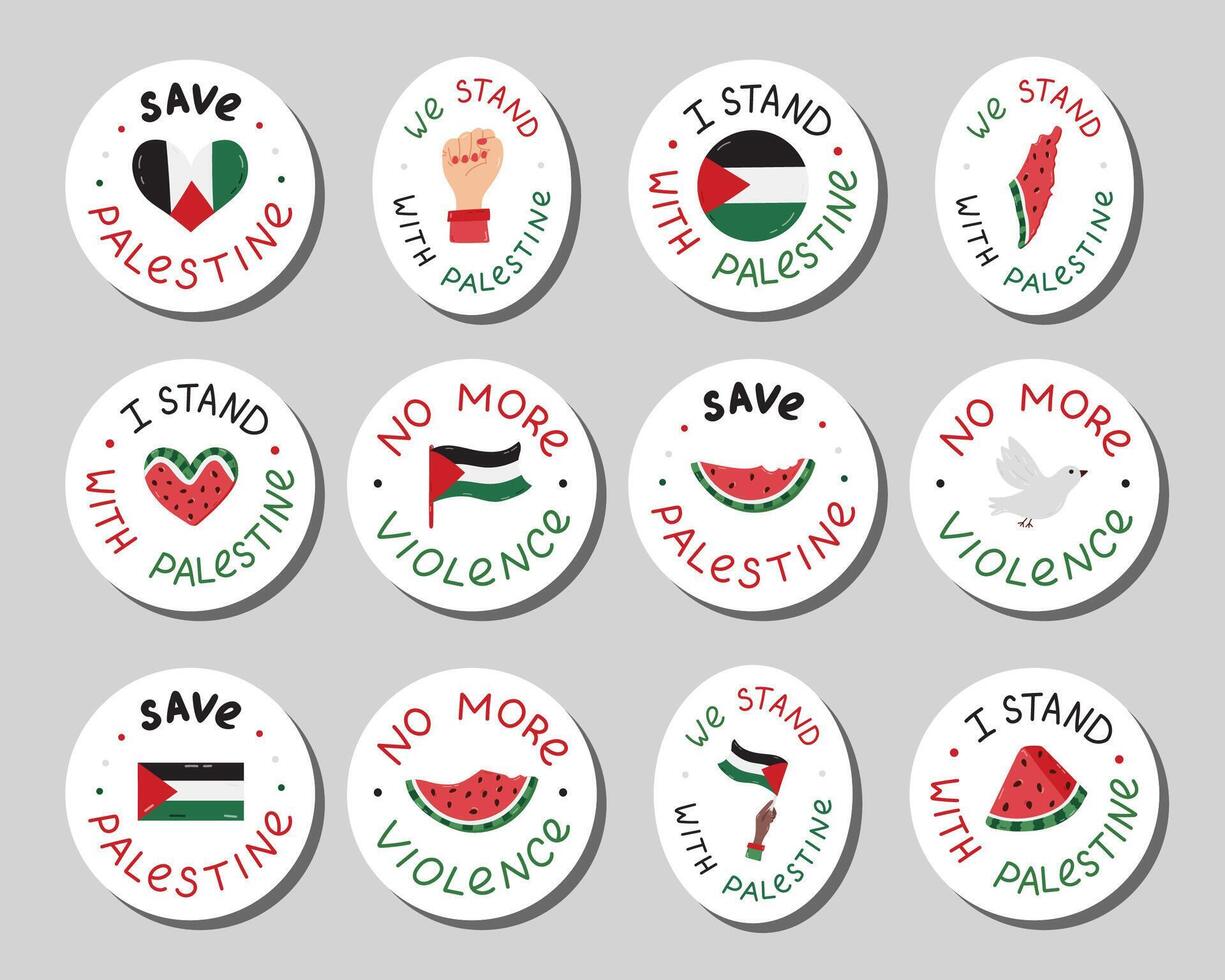Big sticker set of We Stand with Palestine emblems with lettering and hand drawn clipart. Watermelon slice, Gaza flag, fist, peace dove. Ready for print list of cute stickers of Free Gaza concept. vector