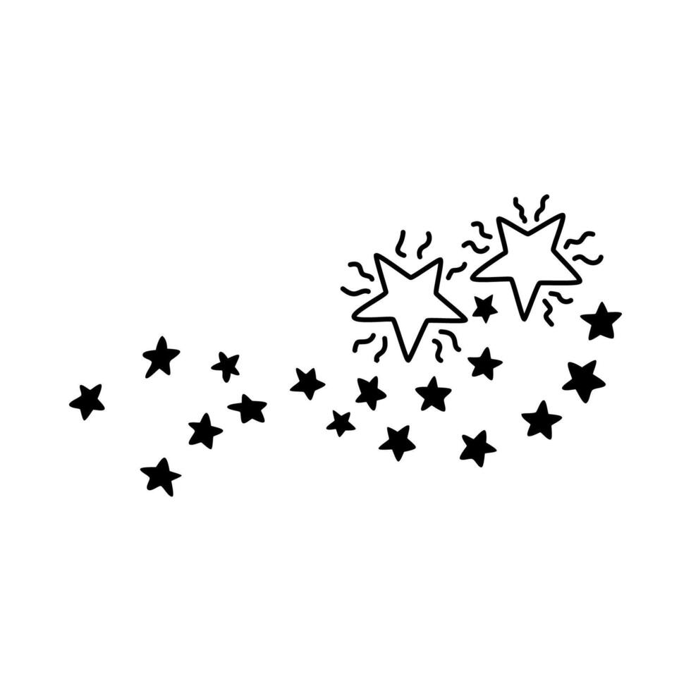 Cute hand drawn falling stars with tail clipart with doodle outline. Sparkling magical star dust, comet shower. Astrology, astronomy, Christmas element. Universe shine, light, twinkling stardust. vector