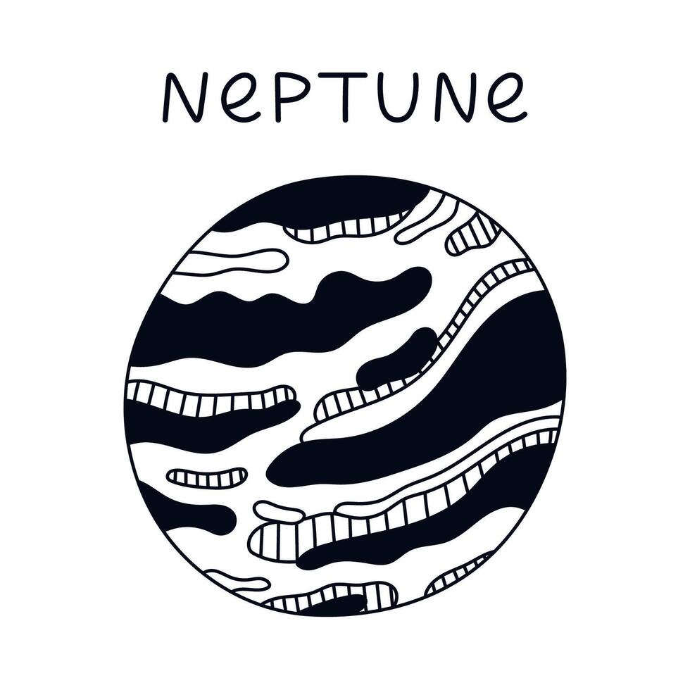 Funny hand drawn black and white Neptune. Outline ice planet of Solar System. Childish simple doodle isolated. Astronomy celestial body for kids education, outer space infographic, astrology design. vector
