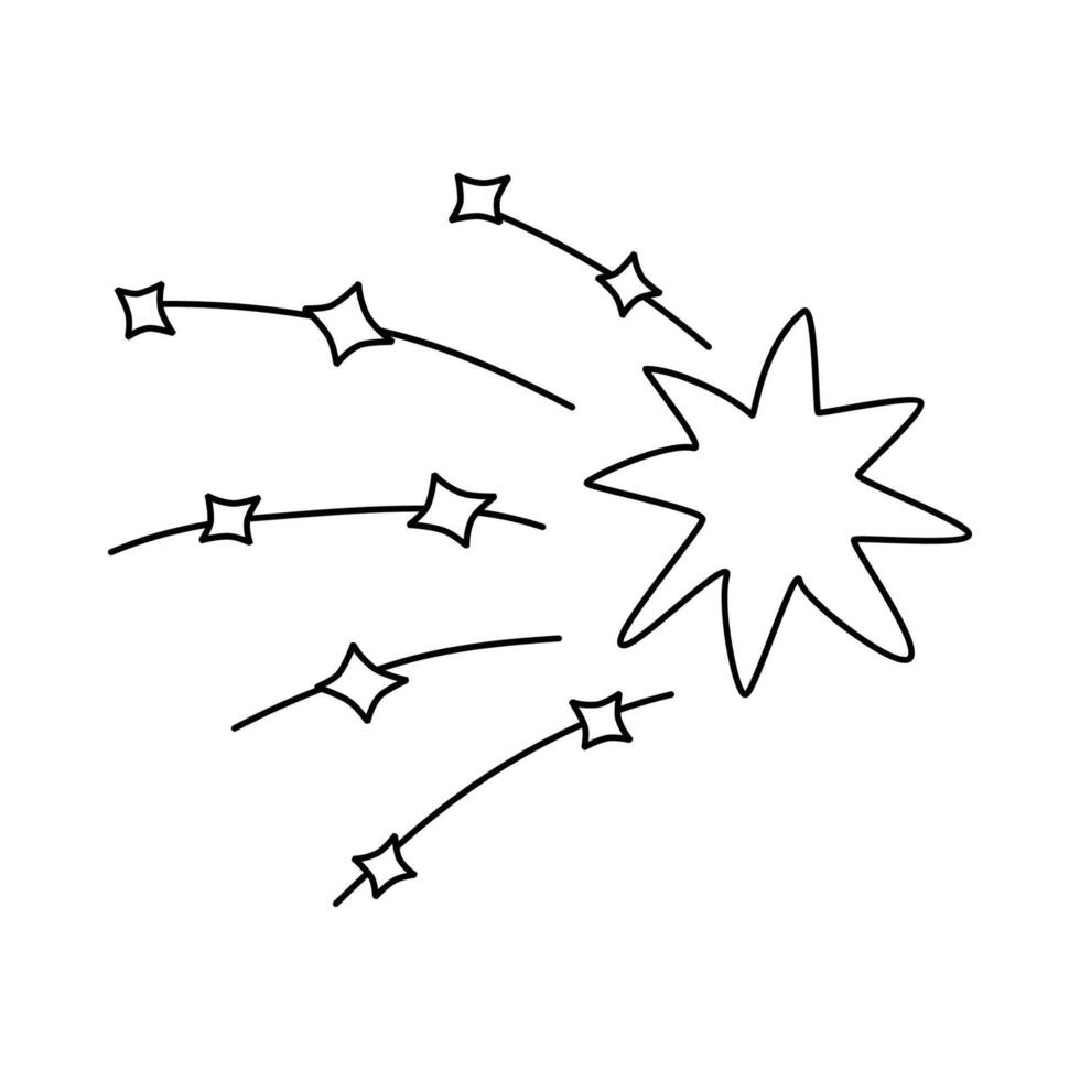 Cute hand drawn falling star with tail clipart with doodle outline. Sparkling magical star dust, comet shower. Astrology, astronomy, Christmas element. Universe shine, light, twinkling stardust. vector