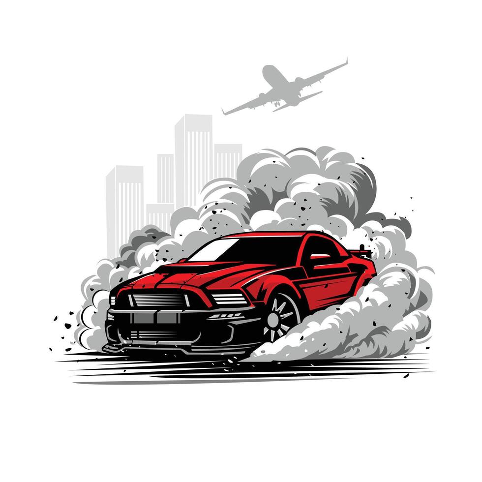 red car drift on city building vector